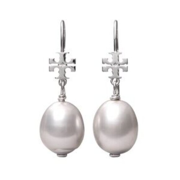 Tory Burch Jewelry - TORY BURCH ? Silver Gray Pearl Drop Logo Earrings